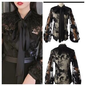 Black Lace Feather Button Down Women's Small Top Fairy Goth Stevie Nicks
